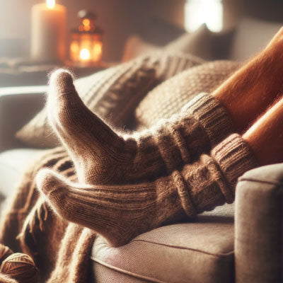 Klassische Alpaka Socken in Hellbraun für die Couch
